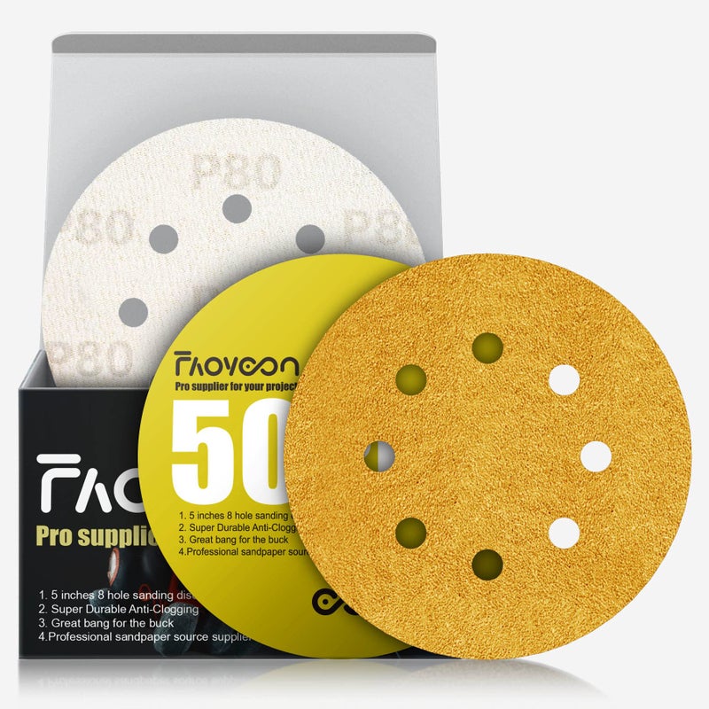 Faoyoon 5 Inch Sanding Discs Hook and Loop | 80 Grit Sandpaper | Orbital Sander Pads | Sand Paper for Automotive and Woodworking | 50 Pack - Image 1